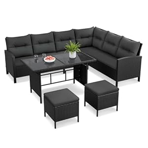 Yaheetech Polyrattan Lounge inkl. Ecksofa, Esstisch, 2 Hocker & Kissen bis 7 Personen, Wetterfest Gartenmöbel Set Rattan Sitzgruppe Gartenlounge Essgruppe für Garten Balkon Terrasse, Schwarz & Grau