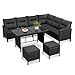 Yaheetech Polyrattan Lounge inkl. Ecksofa, Esstisch, 2 Hocker & Kissen bis 7 Personen, Wetterfest Gartenmöbel Set Rattan Sitzgruppe Gartenlounge Essgruppe für Garten Balkon Terrasse, Schwarz & Grau