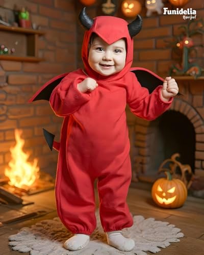 Funidelia Teufel Kostüm für Babys mit Overall, Kapuze, Flügeln und Schwanz, Dämonen Outfit, Halloween- und Karnevalskostüme