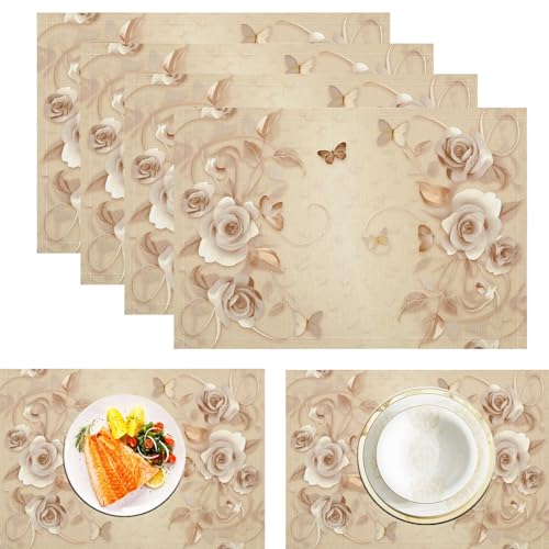 Manteles Individuales Juego de 4, Lavables Lino Salvamanteles Individuales, 30×45cm, Resistentes al Calor Duradero para Decoración de Mesa Cocina Restaurante, Rosa Mariposa