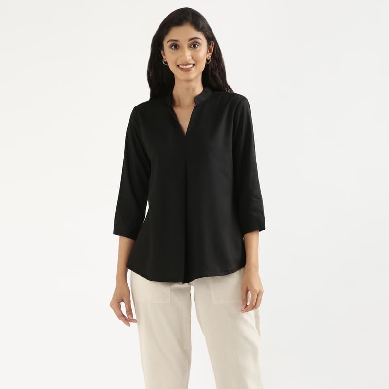 Image of SAADAA Top for Women, Viscose Pleated Tops, V-Neck with a Collar, 3 /4 Sleeve Length, Office & Casual Wear