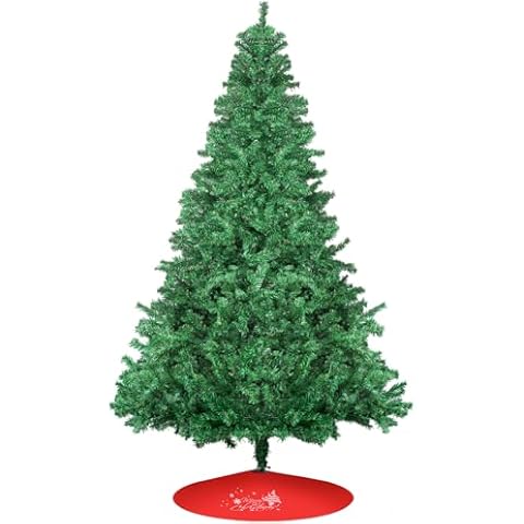 7Ft Artificial Holiday Christmas Tree with 1000 Branch Tips, Christmas Tree Skirt, Easy to Assemble, Metal Hinges and Collapsible Base for Home, Office, Party Decorations, Green Cover