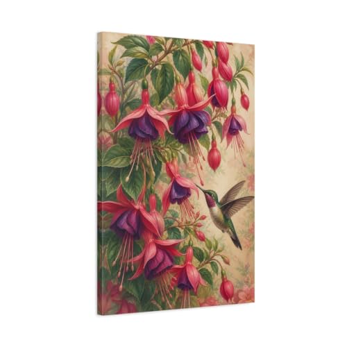 Toile colibri fuchsia verticale pour habiller un mur vide au-dessus du salon