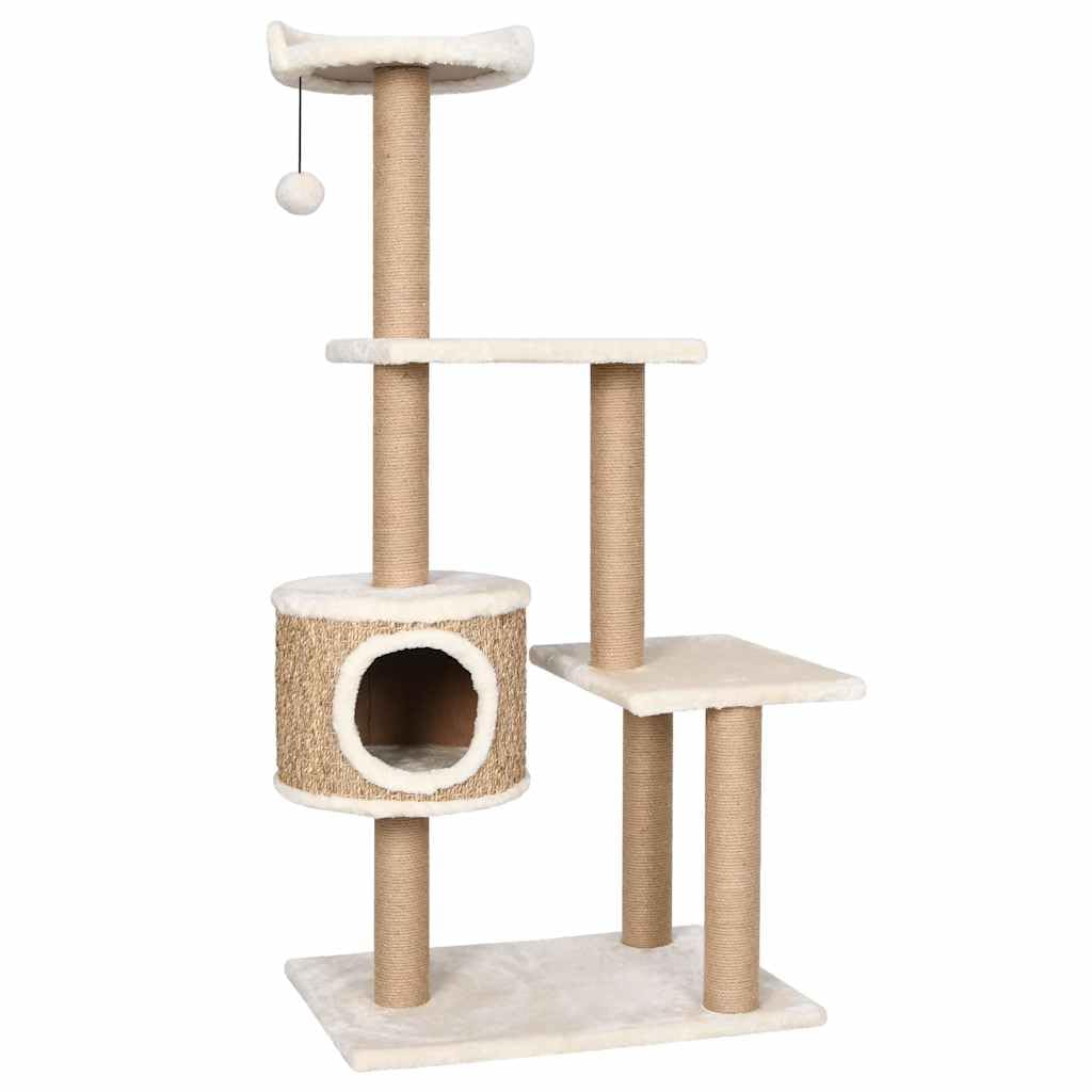 Albero per gatti 123 cm con tiragraffi in erba marina, centro giochi tutto in uno per gatti con posatoi, casa e palla sospesa