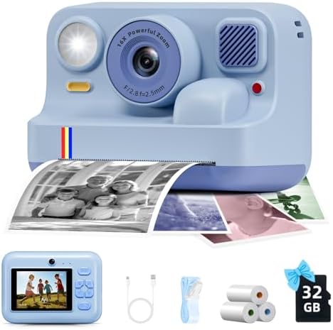 Instant Print Camera for Kids, Christmas Birthday Gifts for Girls Boys Age 3-15, 1080P Selfie Portable Digital Video Camera with 32GB SD Card, 3-Colored Print Paper- Blue Instant Print Camera for Kids, Christmas Birthday Gifts for Girls Boys Age 3-15, 1080P Selfie Portable Digital Video Camera with 32GB SD Card, 3-Colored Print Paper- Blue