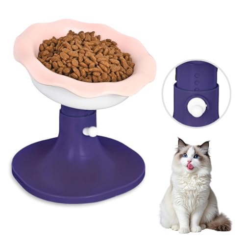 LimxFree Adjustable Ceramic Elevated Cat Bowls, 30° Tilted Raised Cat Bowls, Neck Protection, Whisker-Friendly, Leak Proof for All Age Cats & Dogs, Lace (Pinkish Blue)