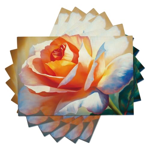 Pintura al óleo de Flores Manteles Individuales de Algodón Lino - Rosa Salvamanteles Individuales Antideslizantes Resistente al Calor Juego de 8 para Cocina, 30×45 cm