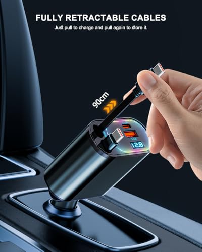Retractable Car Charger 123W car Phone Charger Car Power Adapter with Dual USB C Cables USB A PD QC 4 in 1 Fast Charging Cigarette Lighter for iPhone 16/15 Samsung Galaxy S25/S24 Ultra MacBook, Laptop