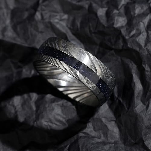 Damascus Steel Couple Rings Set 6mm and 8mm with Gold Sand Stone Inlay – Unique His and Hers Matching Bands2