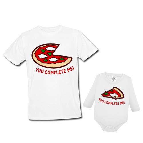 Pacchetto t-Shirt Uomo e Body Neonato Manica Lunga Bimbo o Bimba, Coppia Padre e Figlio You Complete Me Pizza e Fetta di Pizza, Festa del papà!