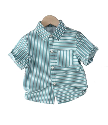 Image of Boys Short Sleeve Button Down Shirts, Plaid and Striped Pattern, Cotton Casual Tops, Pack of 2