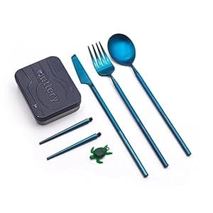 Outlery | Portable & Reusable Stainless Steel Travel Cutlery Set and Reusable Chopsticks (Blue) Pocket Sized Cutlery Set