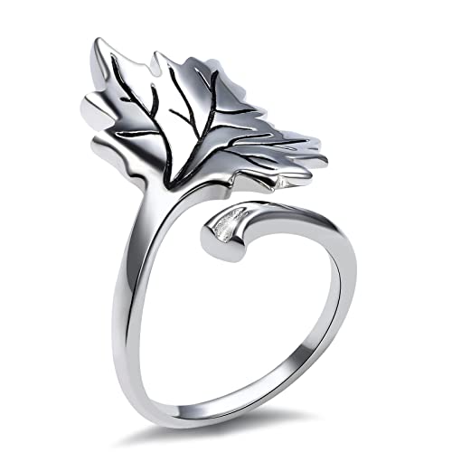 Huaiyu Adjustable Maple Leaf Wrap Ring - 925-Sterling-Silver Dainty White Gold Plated Leaf Jewelry Thumb Rings For Women Men, Simple Silver Open Wrap Around Leaf Ring For Teen Girls #TOP4