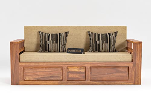 Image of Douceur Furnitures Solid Sheesham Wooden Sofa Cum Bed Queen Size with Storage for Living Room |Wooden Foldable 3 Seater Sofa Cum Bed with Headboard Folding Double Bed for Bedroom (Natural Teak Finish)