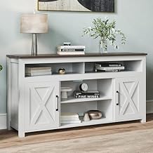 BELLEZE 58 Inch TV Stand, Contemporary Entertainment Center for TVs up to 65", Wood Media Console Table with Two Open Shelves and Barn Door Cabinets - Corin White