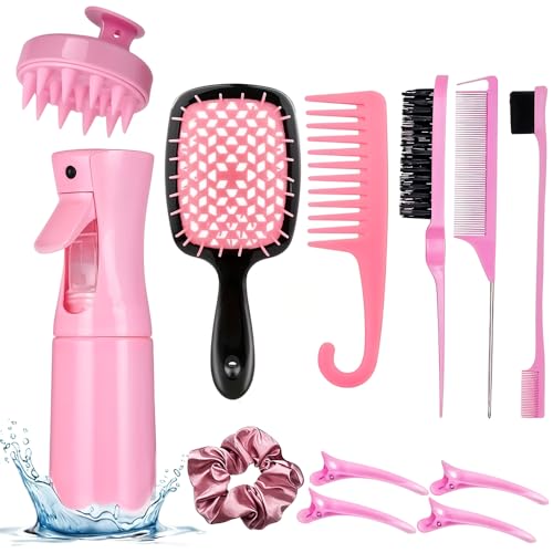 12Pcs Hair Comb & Detangling Brush Set for Women | Curly Hair Styling Kit with Spray Bottle & Sectioning Clips | Professional Salon Hair Tools - 36** (Pink)