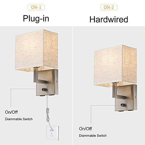 Bedside Wall Mount Light With Dimmer Switch And Two Usb Charging Port,Fabric Linen Shade Wall Sconces Light With Plug In Cord And Satin Nickel Finish, Perfect For Bedroom, Living Room And Hotel #TOP1