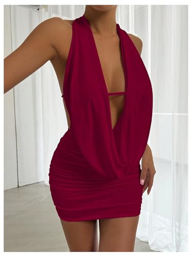 Image of SOLY HUX Women's Sexy Deep V Neck Halter Bodycon Mini Dress Sleeveless Party Club Dresses