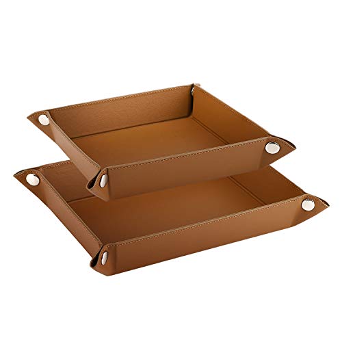 Luxspire Valet tray, PU Leather Tray, [2 PACK] Catchall Tray, Men Women Jewelry Key Tray, Desk Storage Plate for Key Coin Phone Jewelry Wallet, Small & Medium Size - Brown