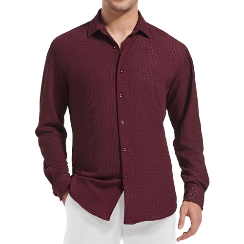 Esabel.C Mens Knit Button Down Shirt Hollow Out Button Up Shirt Long Sleeve Fashion Casual Dress Shirts for Men,Burgundy,S