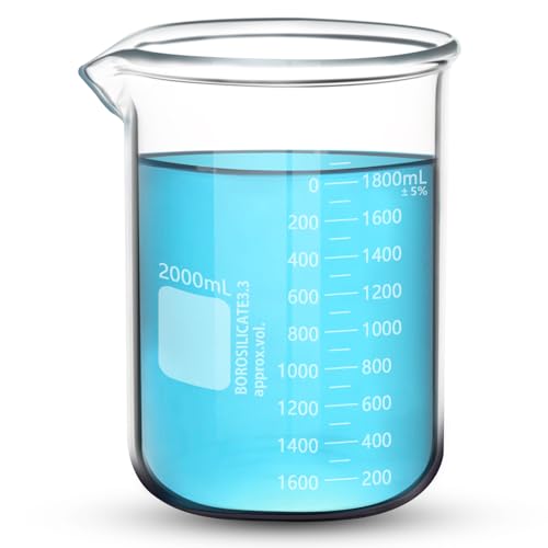 Aeseusia Heavy Duty 2000ML Glass Beaker, White Double Scale Graduation, Borosilicate 3.3 Glass, Low Form Griffin Lab Measuring Beaker, 1 Each (2000ML)