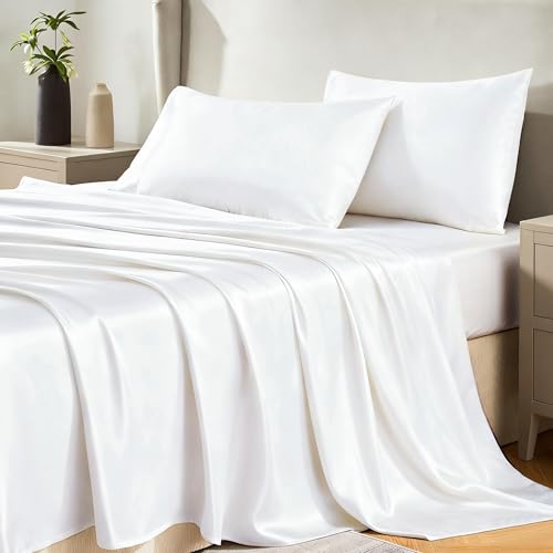 CozyLux Satin Sheets Queen Size Bed Set - Silky Soft Bedding Similar to Silk 4 Piece Sheet Set for Hair and Skin Deep Pocket with All-Around Elastic Home Decor for Bedroom White