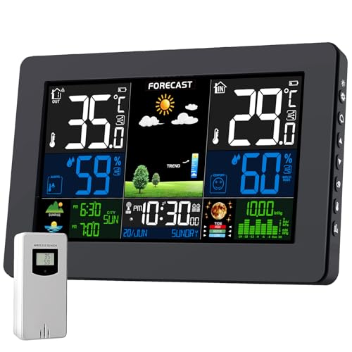 VOKSUN Wetterstation Funk mit Außensensor, Farbdisplay, Thermometer Hygrometer mit Wettervorhersage, DCF Funkuhr, Batteriebetrieb und Netzbetrieb