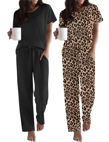 Image of Ekouaer 2 Pack Pajamas for Women Set Short Sleeve Sleepwear Top and Pants Pjs Soft Printed Lounge Sets with Pockets