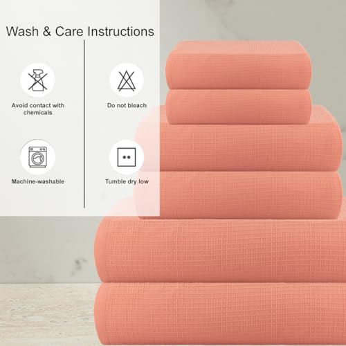 Image of Casa Copenhagen, Egyptian Cotton - Waffle Terry Towel 6 Piece Set, Includes 2 Bath Towels 2 Hand Towels 2 Washcloths - Malibu Peach