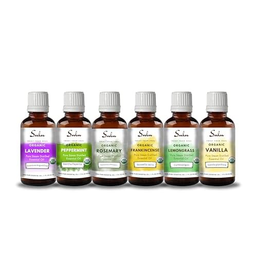 Set of 6 USDA Organic Steam Distilled Essential Oils: Lavender, Peppermint, Rosemary, Frankincense,Lemongrass and Vanilla (Each 2 fl.oz)