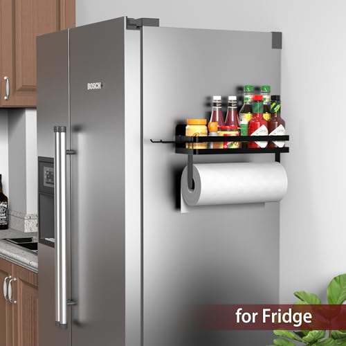Image of ZUNTO Magnetic Paper Towel Holder for Fridge, Black Kitchen Organizer with Towel Roll Holder, Spice Shelf and 2 Hanging Racks(No Drilling)