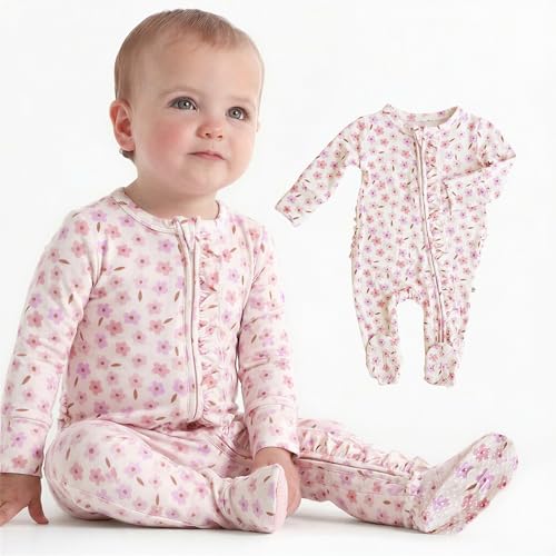 Image of Caden Lane Zippered Baby Footie Pajamas, Soft Onesie Bodysuit with Feet & Double Zipper for Easy Diaper Change, Infant, and Toddler Footed One-Piece Jumpsuit, Blushing Blooms, 3-6 Months