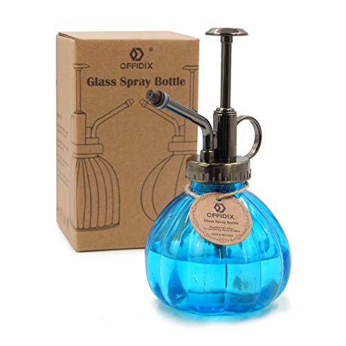 OFFIDIX Glazen waterspuitfles, 6,3 inch hoge vintage stijl spritzer met bronzen plastic toppomp één hand gieter glazen spuitfles voor tuinieren (lichtblauw)