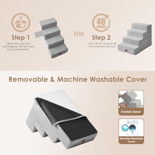 Image of EHEYCIGA Dog Stairs for Bed 20 inch H, 4-Step Extra Wide Dog Steps for High Bed, Pet Steps for Small Dogs and Cats, Non-Slip Balanced Pet Ramp Indoor, Light Grey