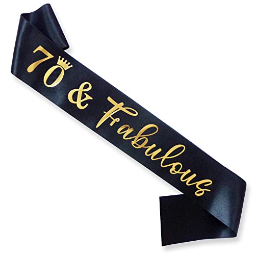 Docooniver 70th Birthday Sash for Women and Men 70&Fabulous Sash Black with Gold Foil Lettering