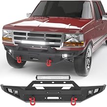 Front Bumper Full Width Offroad Bumper Compatible with 1992-1997 Ford F150 F250 F350 Pickup Trucks, Heavy Duty Steel Bumper w/Winch Plate & 2 X 39W LED Lights& 2 X D-Rings, Black