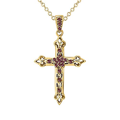 Round Cut 14k Gold Over .925 Sterling Silver Red Garnet Fleur-de-lis Cross Pendant Necklace Christmas Special for Womens.