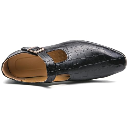 Men's Leather Loafers T-Strap Black Slip-on Loafers Crocodile Pattern Dress Shoes with Buckle Closure Formal Loafer for Men3