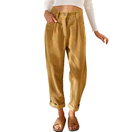 Womens Premium Corduroy Pants High Waist Wide Leg Trousers with Pockets Button Closure Elastic Waistband Casual Straight