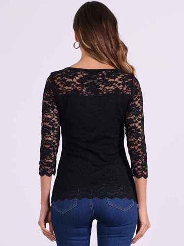 Allegra K Floral Lace Top for Women's 3/4 Sleeve Crew Neck Casual Elegant Blouse3