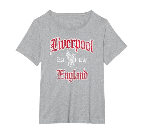 Liverpool England Est. 1207 Red and White Distressed Print T-Shirt, Women's Plus, Heather Grey, 1X