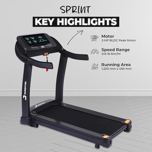 Image of Sprint 5 HP Peak BLDC Motorized | Hydraulic Foldable Treadmill | 16 Km /Hr Max Speed| 140Kg User Weight| Bluetooth Speaker| Wynd app | Home use