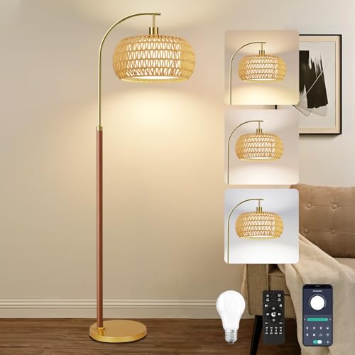 Image of Wood Arc Floor Lamps for Living Room,Boho Rattan Floor Lamp with Remote Control & 3 Color Temperatures,Dimmable Mid Century Modern Standing Lamp Farmhouse Vintage Tall Floor Lamp For Bedroom Corner