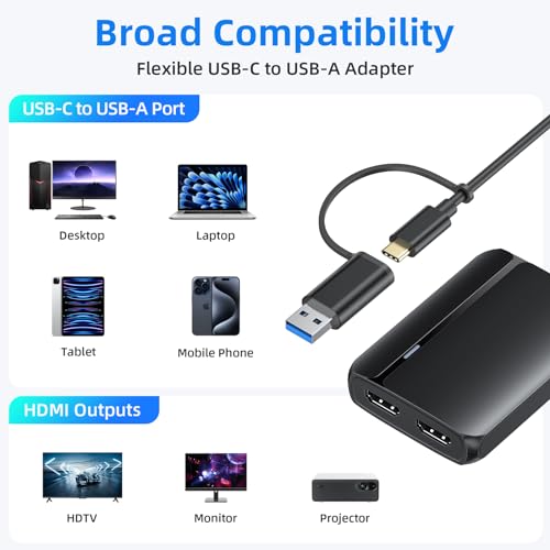 Image of MOKiN HDMI Splitter for Dual Monitors, 4K@30Hz HDMI Splitter Extended Display for macOS /Windows, USB C /USB A 3.0 to Dual Hdmi Adapter for MacBook, Dell, Lenovo, HP (4K@30Hz+1080p)
