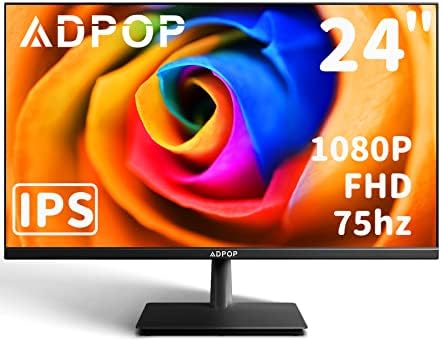 ADPOP 24 Inch Computer Monito IPS Screen FHD 1080p PC Monitor 75hz Built in Speakers, 5ms Low Blue Light Anti-Glare LED 24" Desktop Display HDMI/VGA/Audio/Freesync, Tilt Adjustable