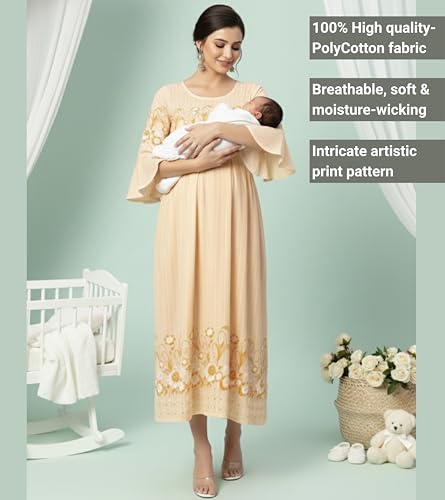 Image of DUMMY SHAPE Feeding Nighty | Maternity Dresses for Women Cotton Blend | Floral Pink Anarkali Kurta with Dual Nursing Zippers for Pregnancy & Breastfeeding | Gifts for Pregnant Women (