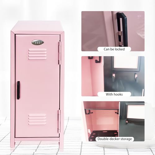 Image of Mini Locker with Lock Key Stickers Box Metal Small Locker Mini Locker Miniature Storage Girls Lockbox Desktop Storage Organizer for Cash Money Jewelry Safe Dollhouse Furniture Accessories (Pink)