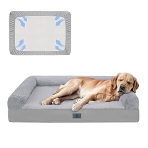 Veehoo Washable XL Dog Bed for Extra Large Sized Dogs-2 in 1 Dog Couch Bed with Removable Bolster Fitted Sheet Cover, Big Orthopedic Dog Sofa Bed Pet Bed with Non-Slip Bottom &Egg Crate Foam 43″ x 31″