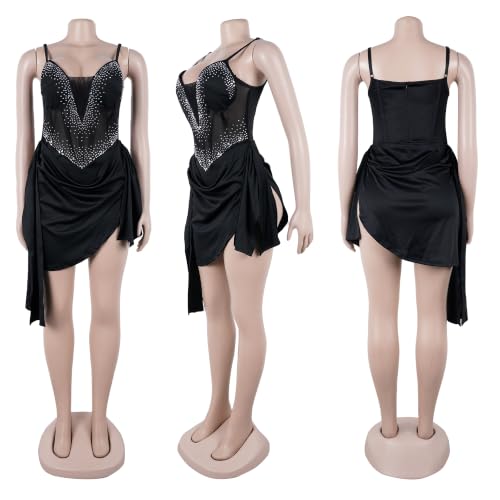 Image of PORRCEY Women's Sexy Elegant Rhinestone Mesh Party Club Night Mini Dress
