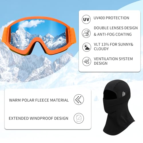 Casco Da Sci Con Occhiali Da Sci Passamontagna Casco Sci Per Uomo Donna Con Cuscinetti Auricolari Rimovibili Ventilazione Uv Ski Helmet Per Ski (Arancione Opaco+Occhiali Da Sci + Passamontagna, L) - 6